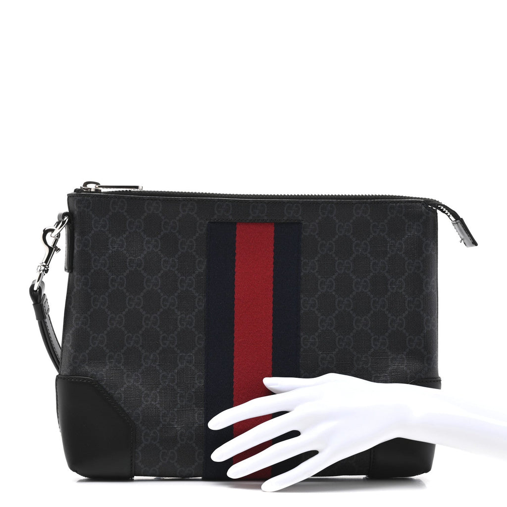 GG Supreme Monogram Calfskin Web Flat Wristlet Black Grey