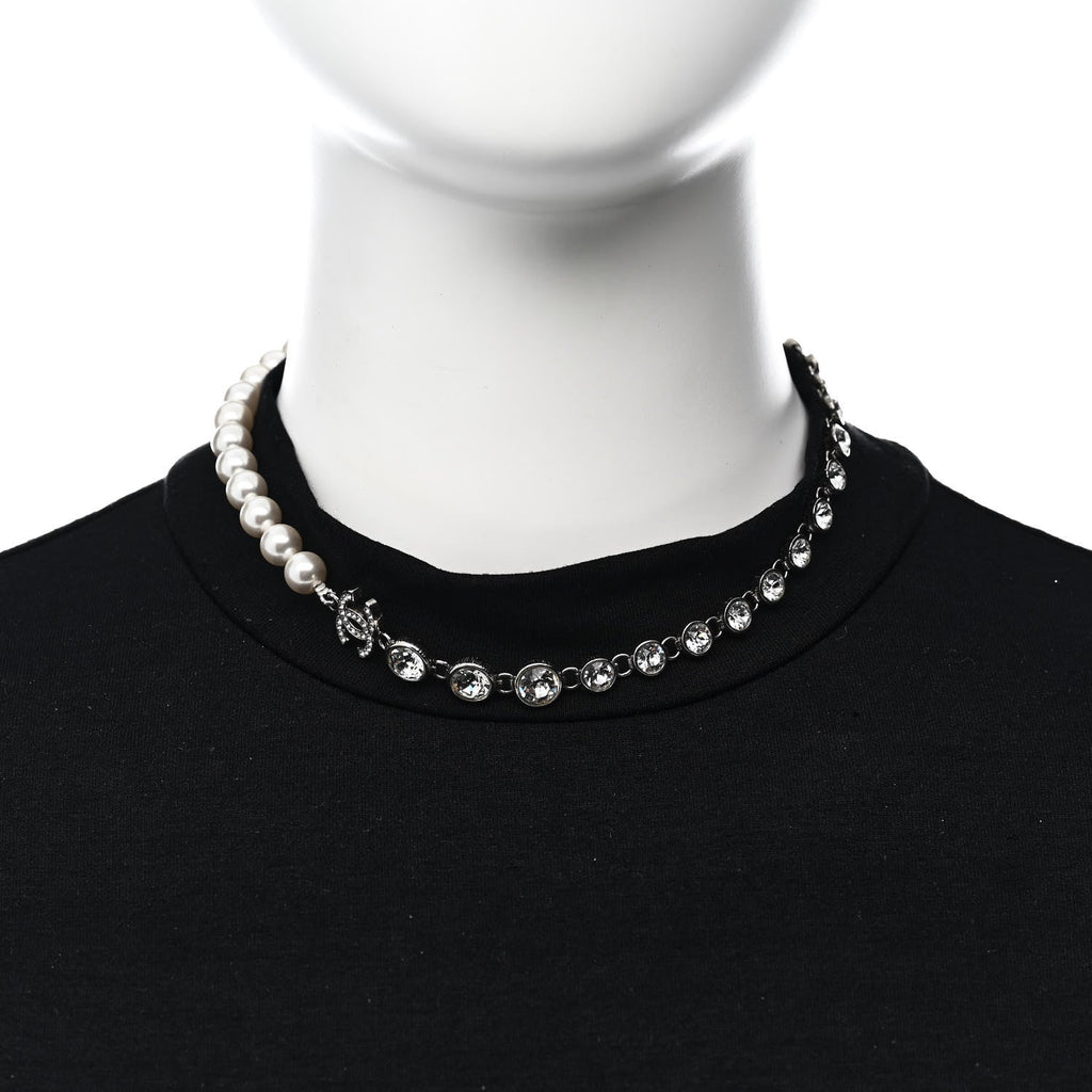 Pearl Crystal CC Choker Necklace Silver