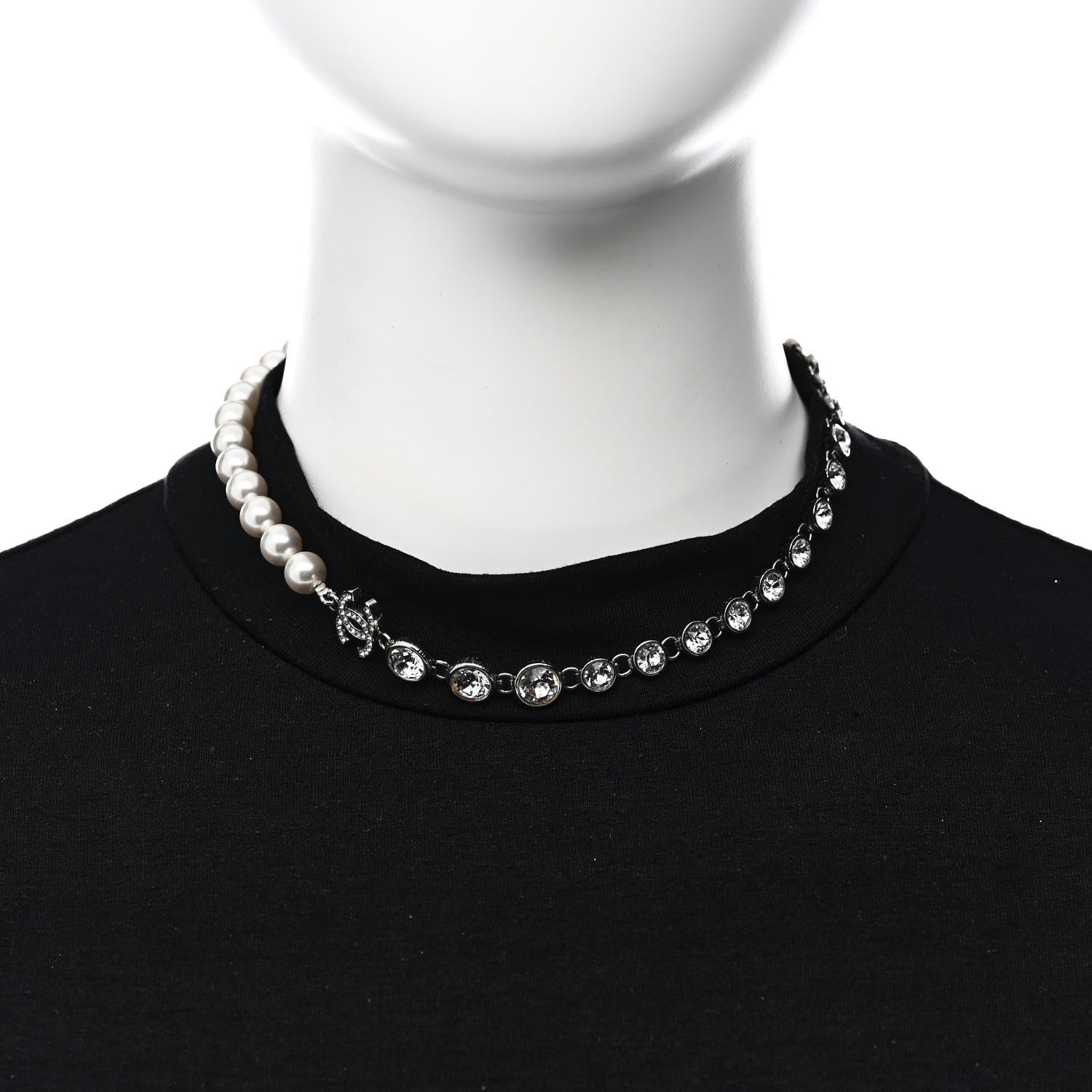 Pearl Crystal CC Choker Necklace Silver