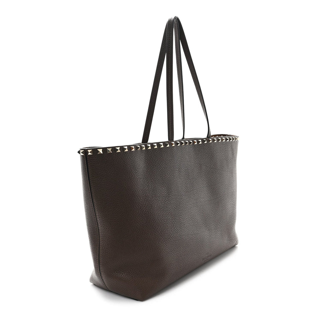 Grained Calfskin Rockstud Shoulder Tote Bright Cognac