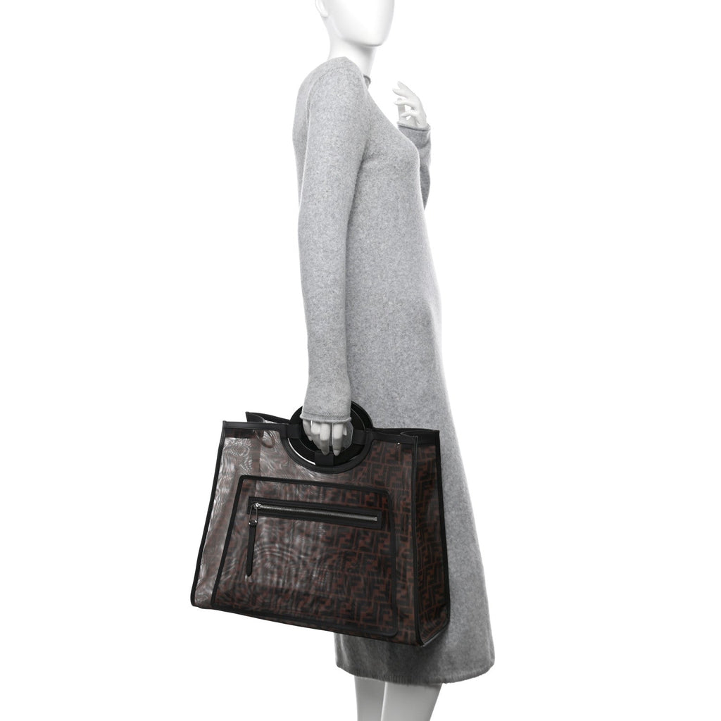 Mesh Vitello Century Cuoio FF 1974 Medium Runaway Shopper Tote Marrone Black Ebano