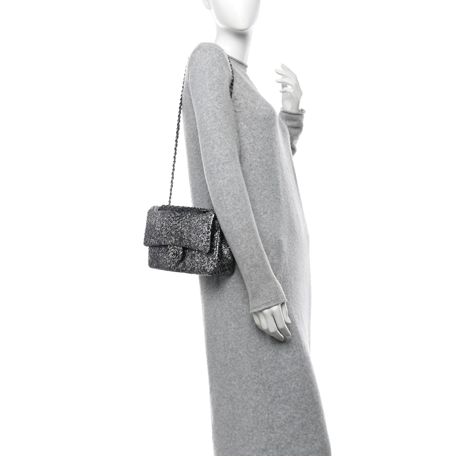 Metallic Snakeskin Medium Double Flap Black Silver
