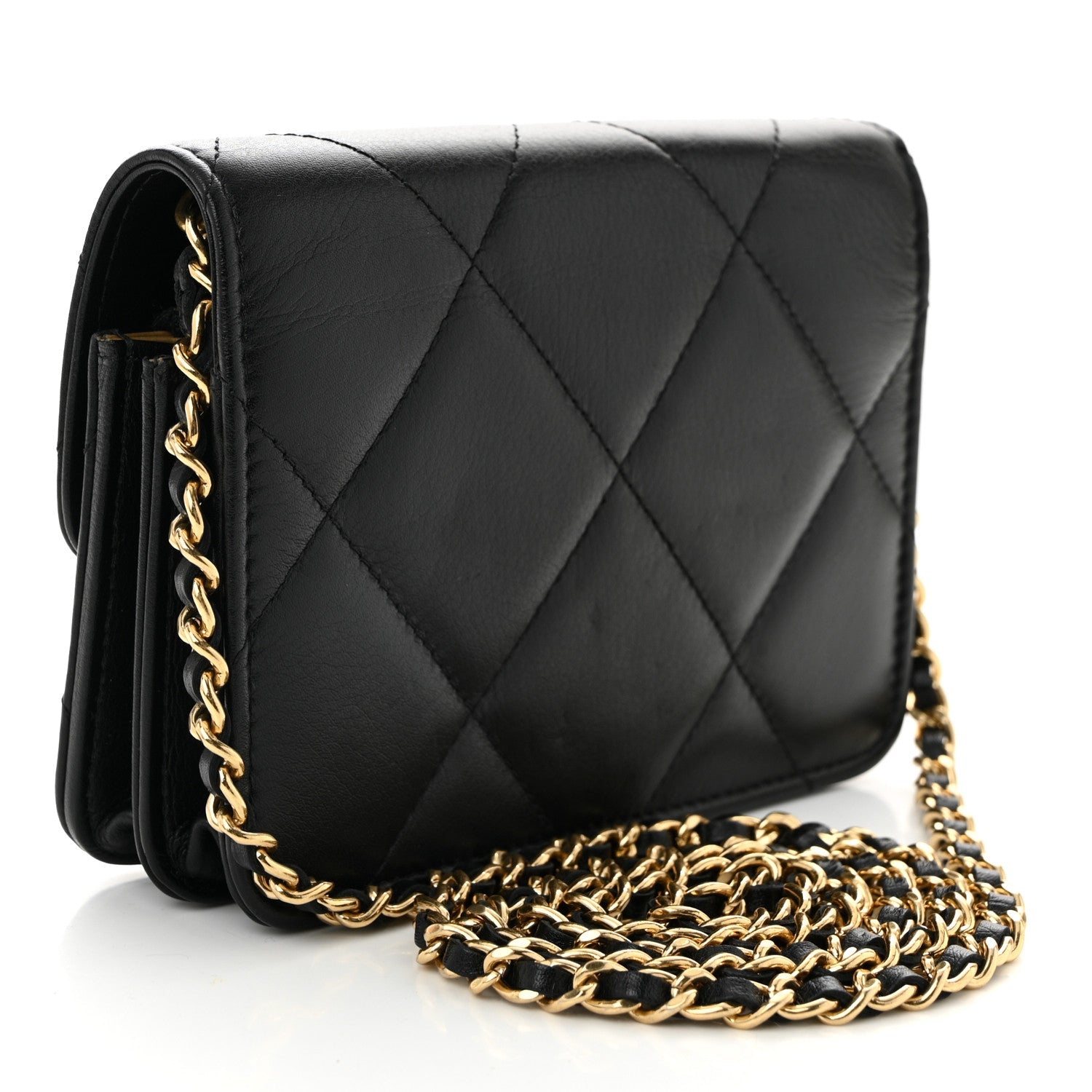Calfskin Strass Quilted Clutch With Chain Flap Black