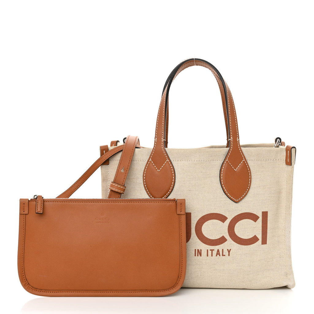 Canvas Calfskin Logo Print Medium Tote Bag Brown