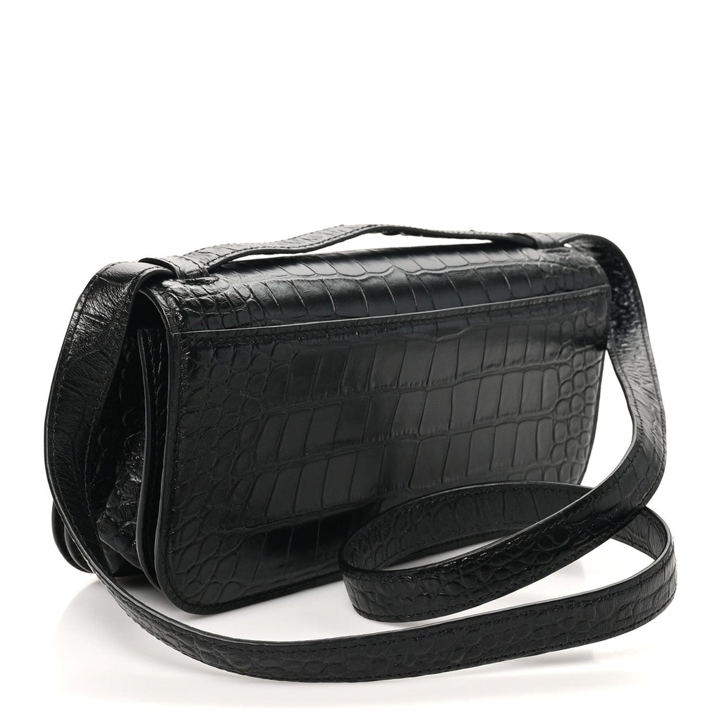 Extra Supple Calfskin Crocodile Embossed Small Gossip Bag Black