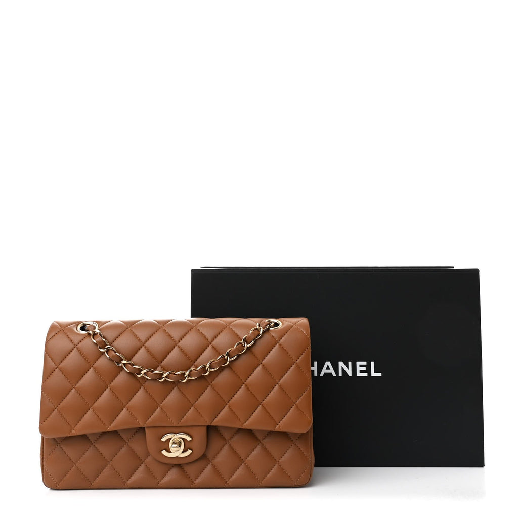 Lambskin Quilted Medium Double Flap Brown