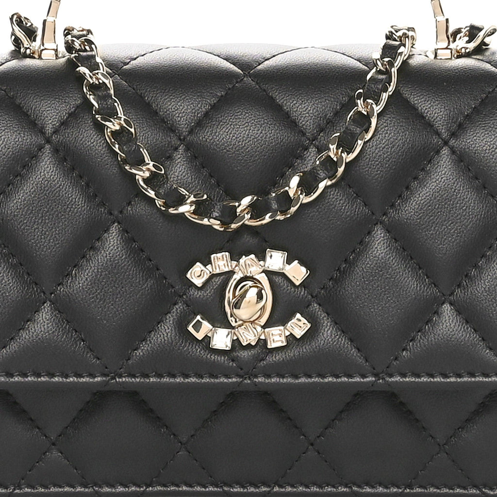 Lambskin Quilted Crystal Top Handle Clutch With Chain Black