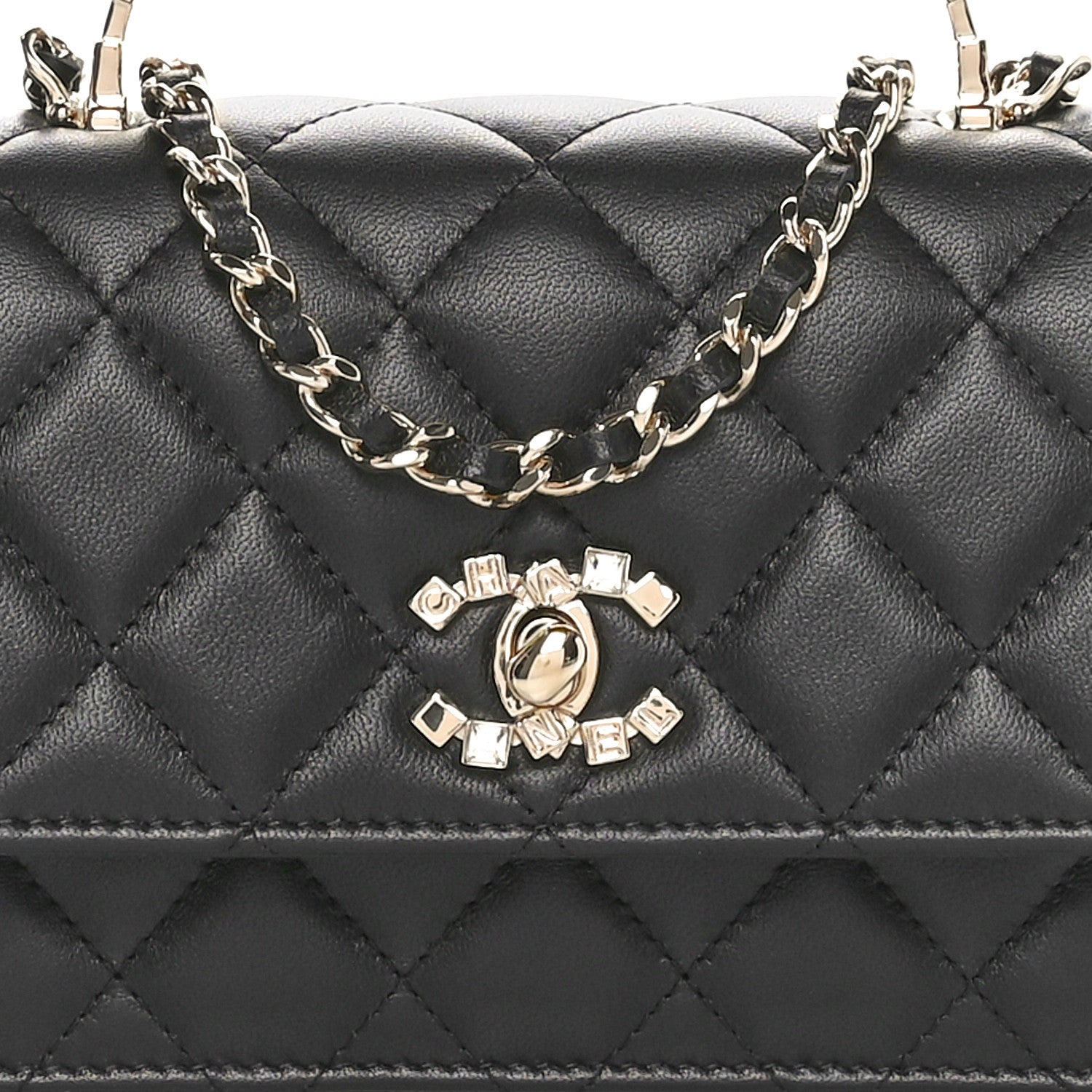 Lambskin Quilted Crystal Top Handle Clutch With Chain Black