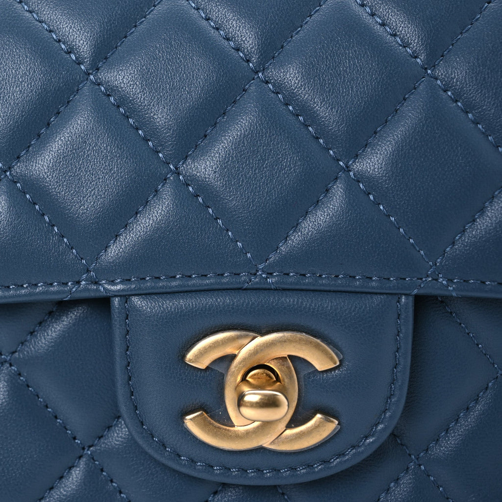 Lambskin Quilted Mini Metal Top Handle Rectangular Flap Blue