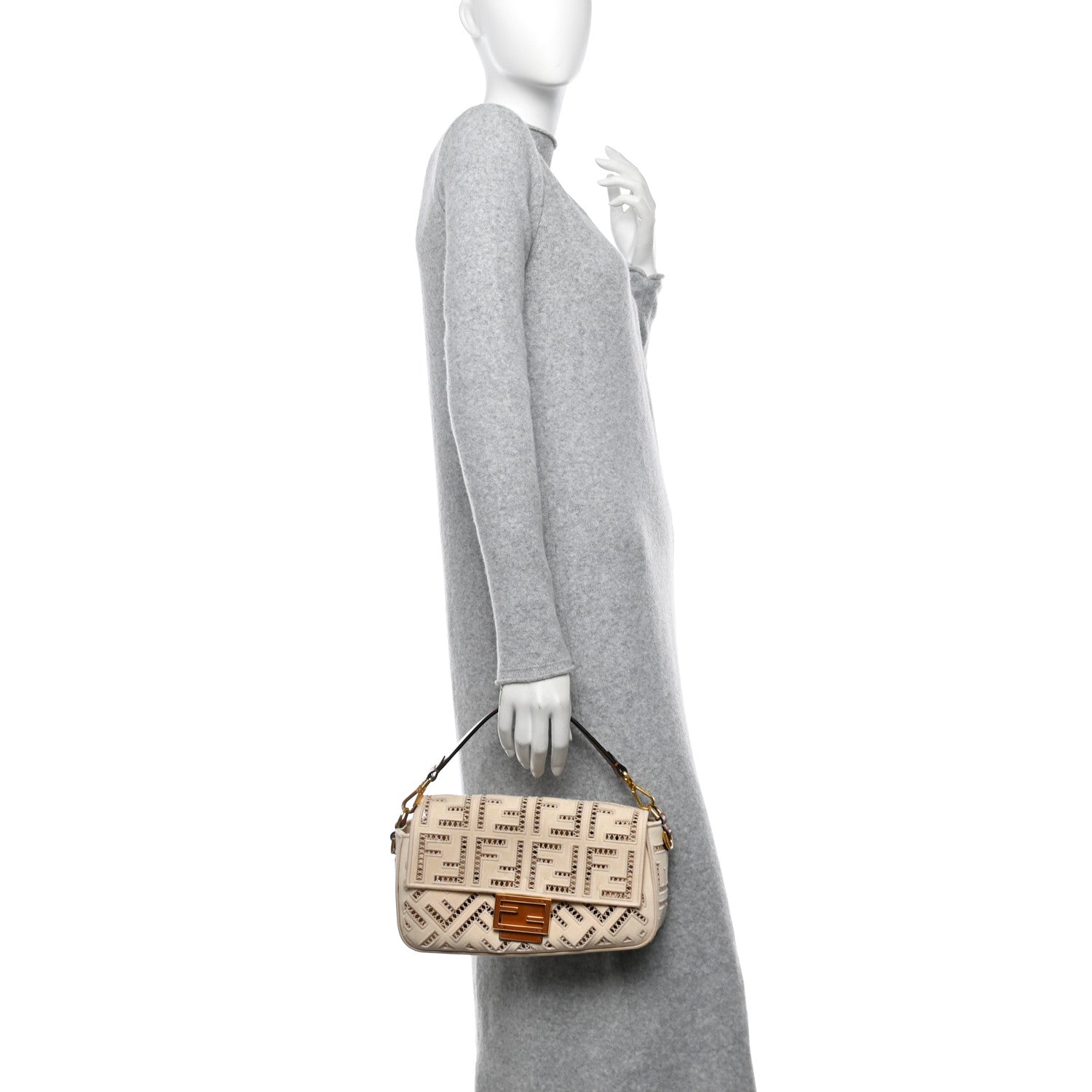 Canvas Cuoio Agata FF Ajour Embroidered Baguette Grezzo Cuoio