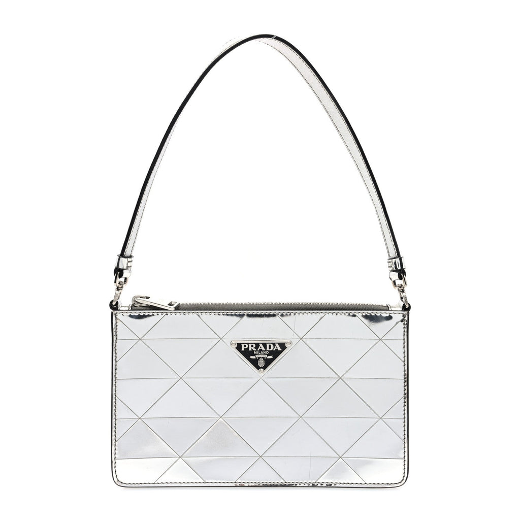 Spazzolato Metal Triangle Logo Triangle Patterned Mini Shoulder Bag Argento