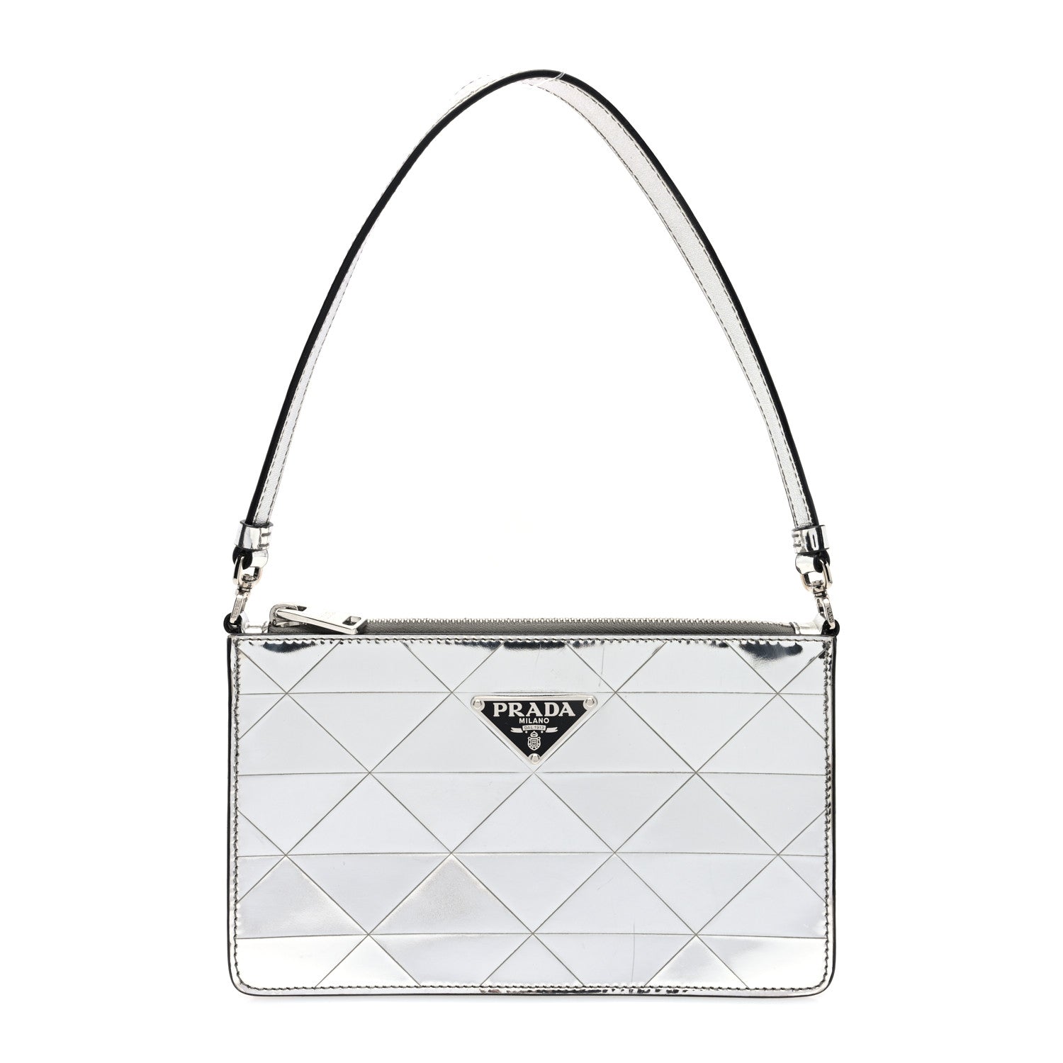 Spazzolato Metal Triangle Logo Triangle Patterned Mini Shoulder Bag Argento