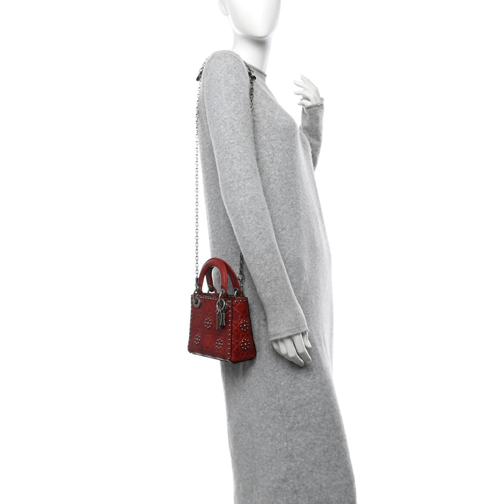 Calfskin Embossed Cannage Flower Studded Mini Lady Dior Bag Red