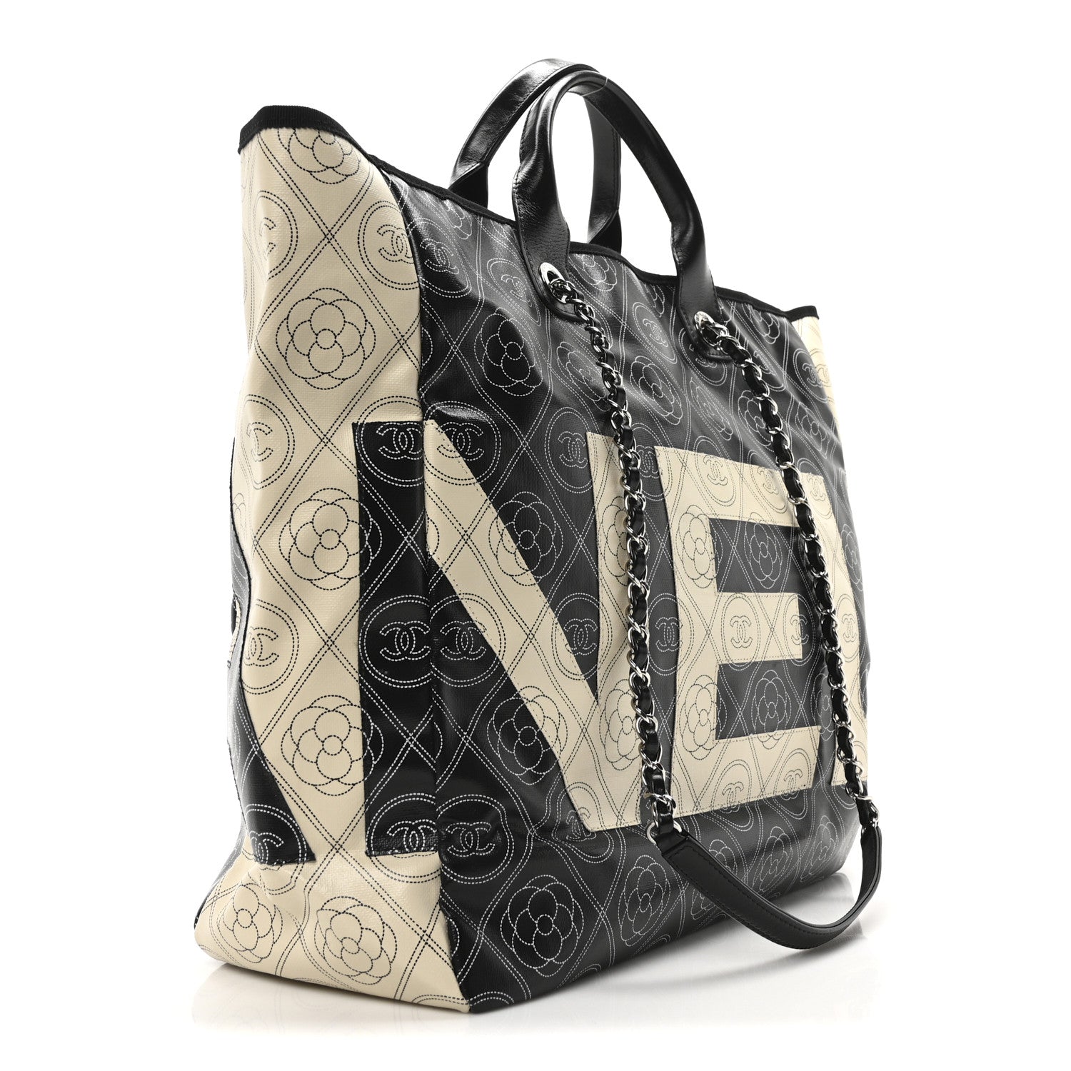 Coated Canvas Camellia Medium Shopping Tote Black Beige