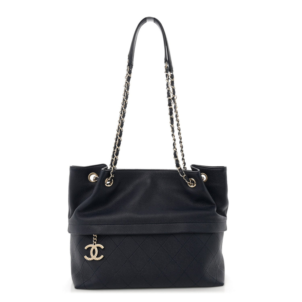 Crumpled Grained Calfskin Zip and Carry Shopping Tote Navy