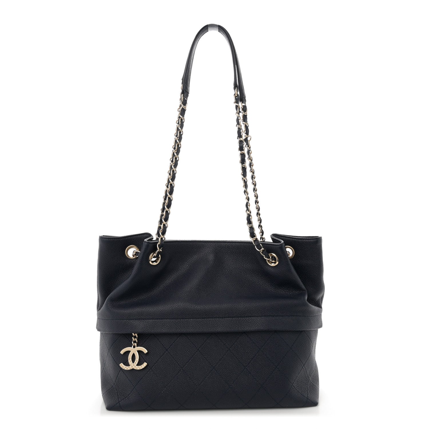 Crumpled Grained Calfskin Zip and Carry Shopping Tote Navy