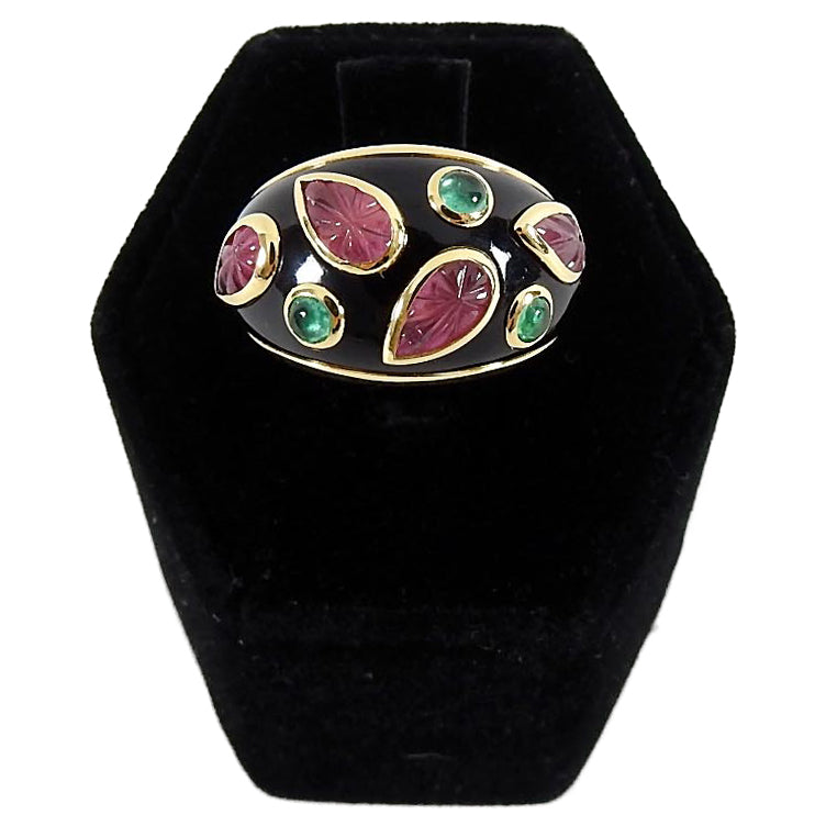 Cartier Vintage 1991 18k gold Tourmaline Emerald Enamel Ring - 49 / 4.75