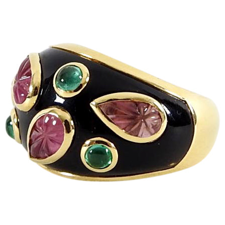 Cartier Vintage 1991 18k gold Tourmaline Emerald Enamel Ring - 49 / 4.75