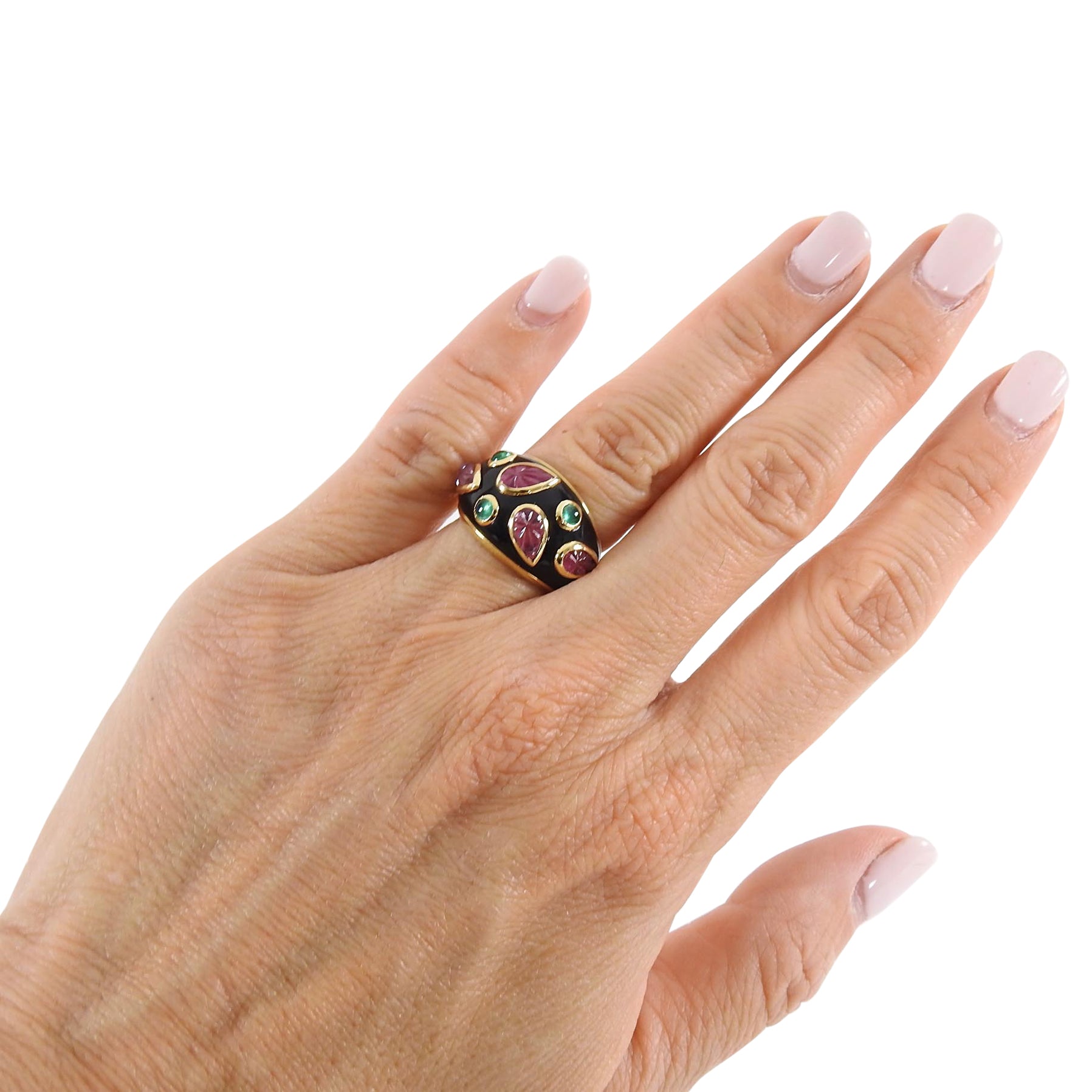 Cartier Vintage 1991 18k gold Tourmaline Emerald Enamel Ring - 49 / 4.75