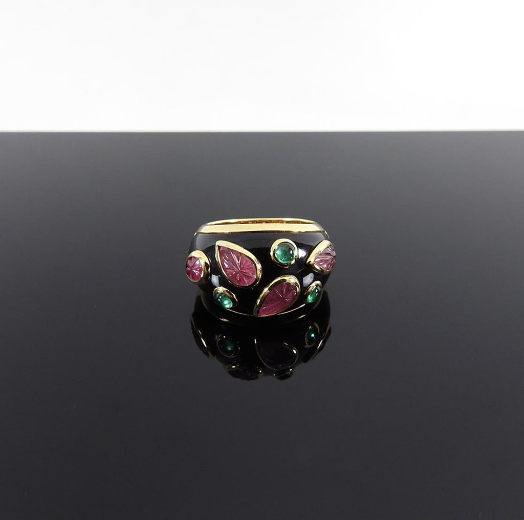 Cartier Vintage 1991 18k gold Tourmaline Emerald Enamel Ring - 49 / 4.75