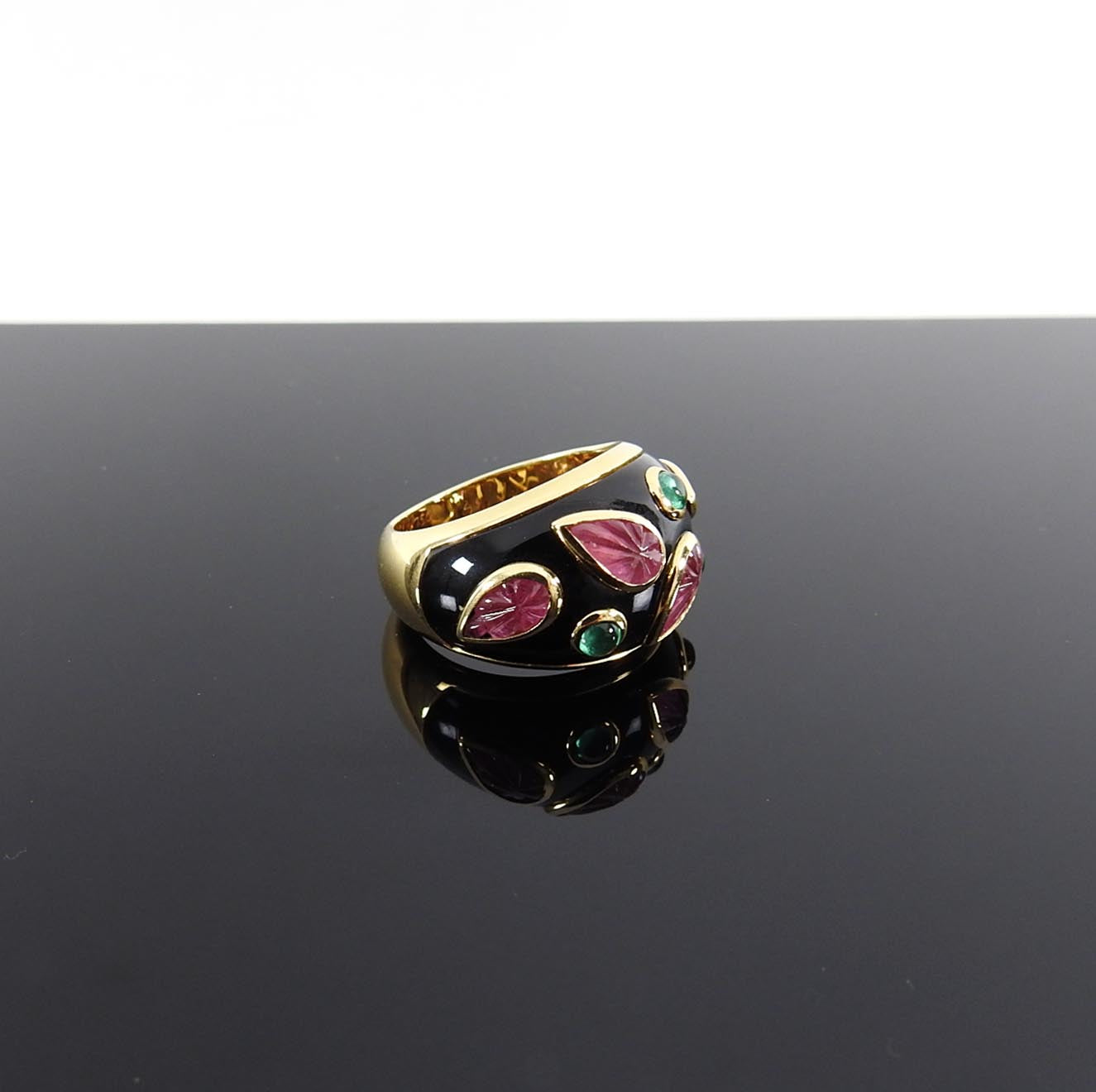 Cartier Vintage 1991 18k gold Tourmaline Emerald Enamel Ring - 49 / 4.75