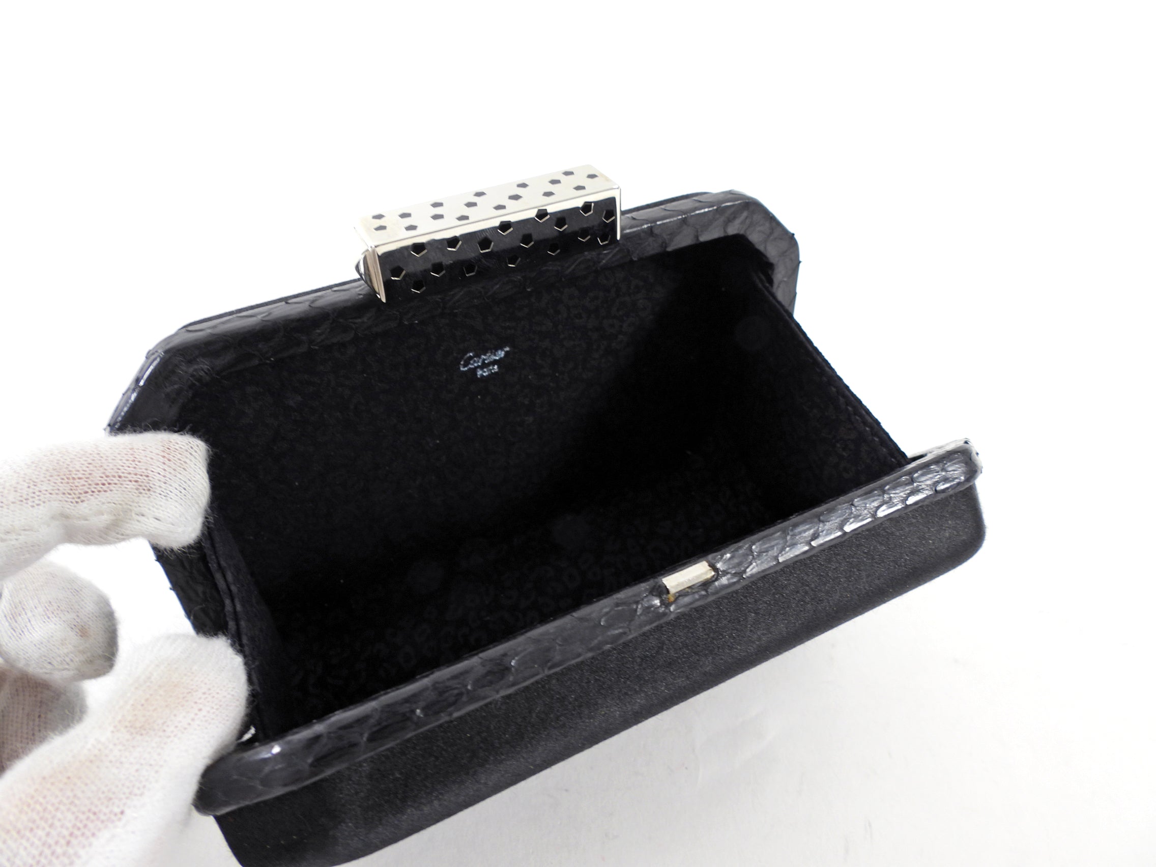Cartier Vintage Panthere Black Silk Satin Python Evening Box Clutch Bag
