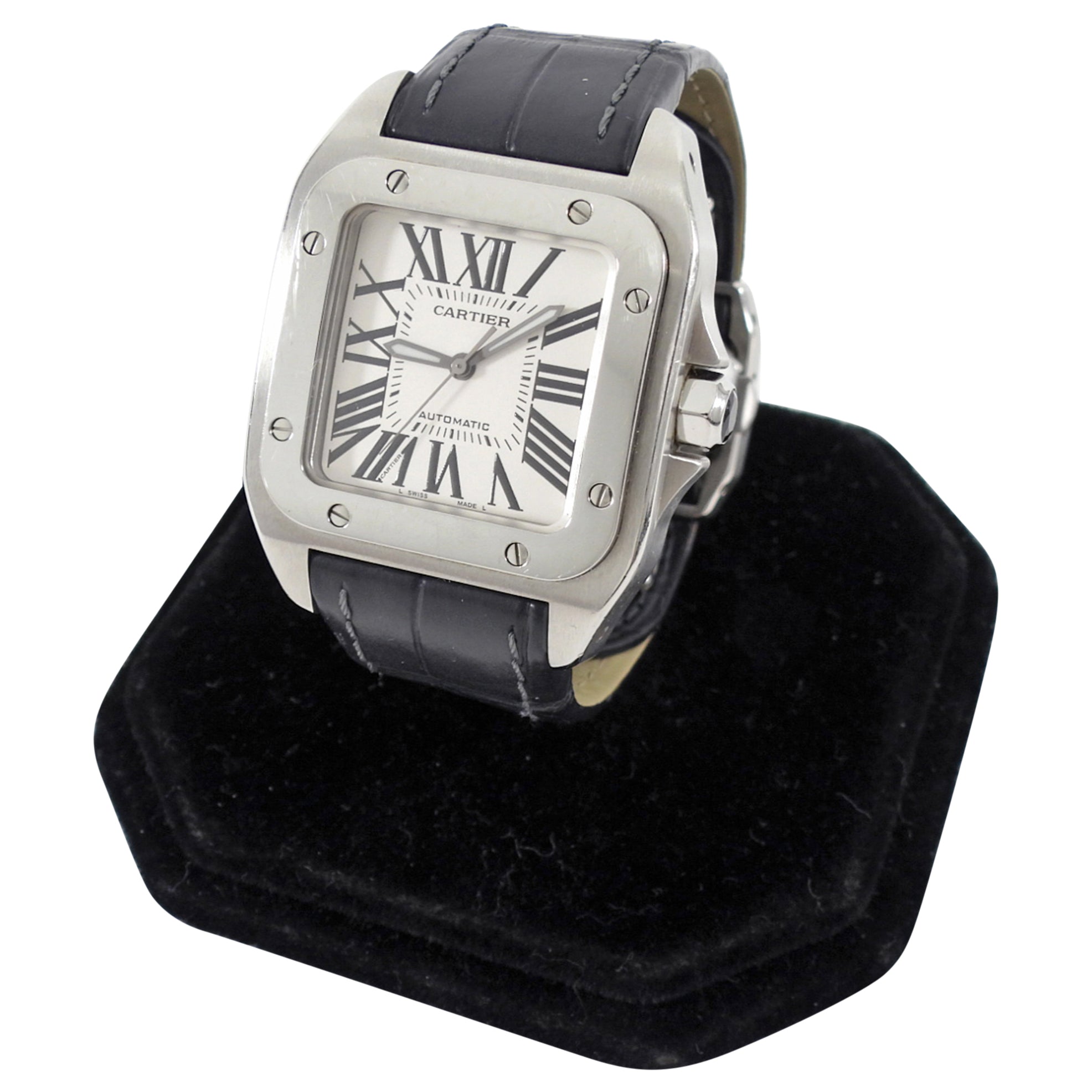 Cartier Santos 100 Stainless Steel Alligator Band Automatic Watch 2878