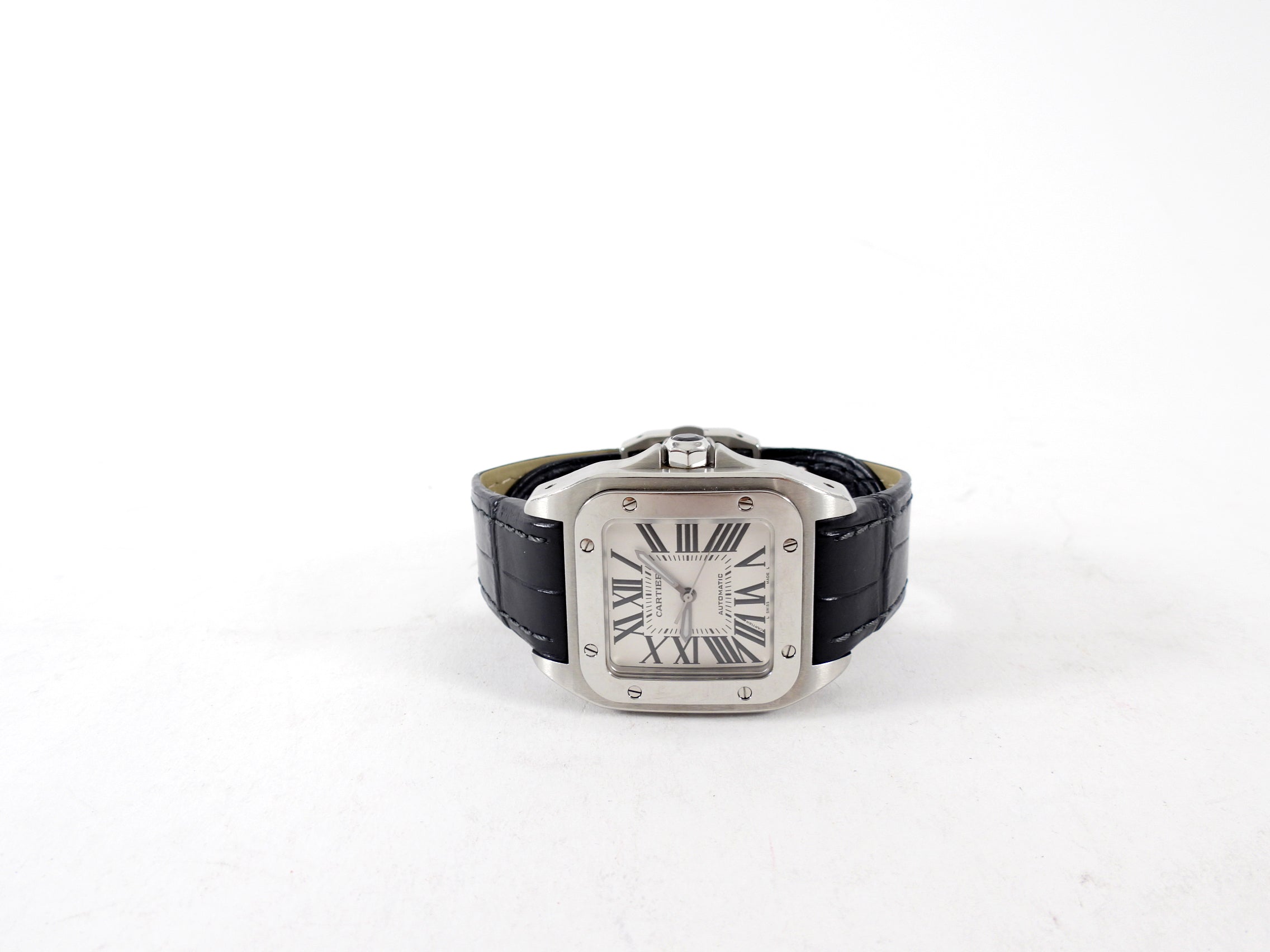 Cartier Santos 100 Stainless Steel Alligator Band Automatic Watch 2878