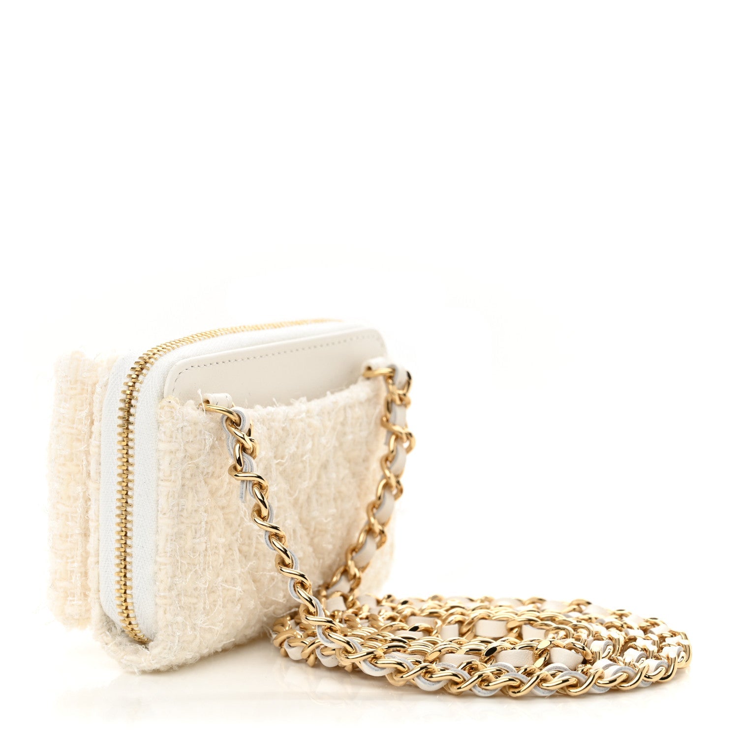 Tweed Quilted Bow Flap  Holder On Chain White