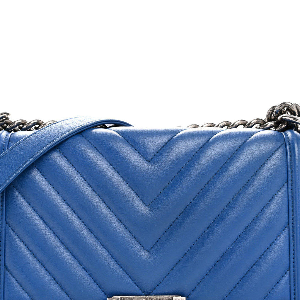 Calfskin Chevron Quilted Medium Boy Flap Blue