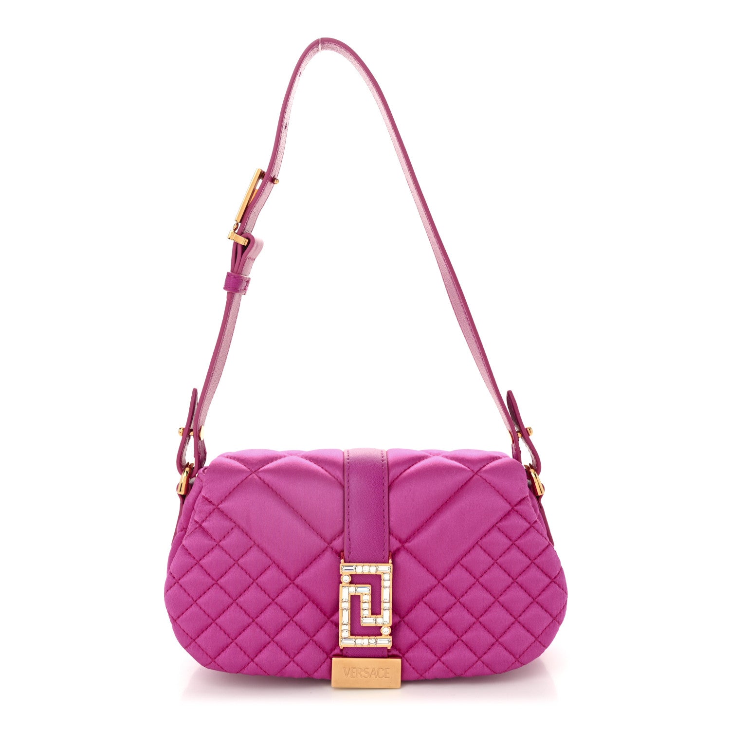 Satin Crystal Quilted Mini Greca Goddess Shoulder Bag Pink