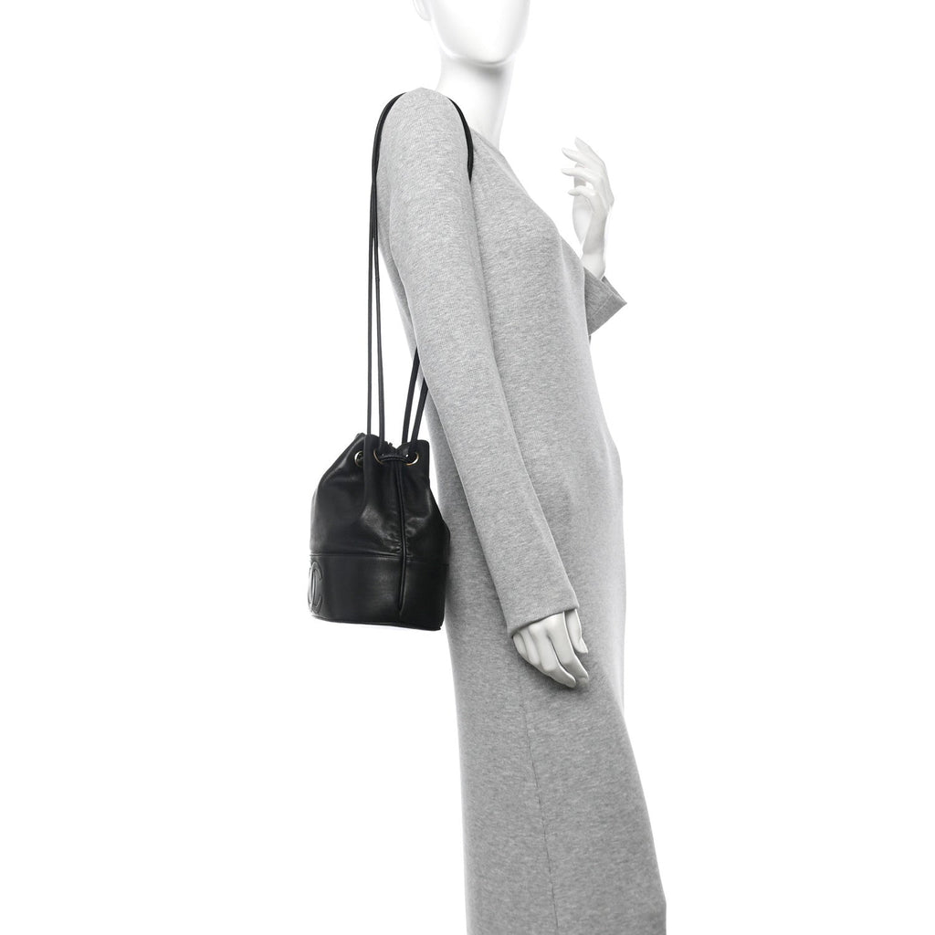 Lambskin CC Stitched Drawstring Bucket Bag Black
