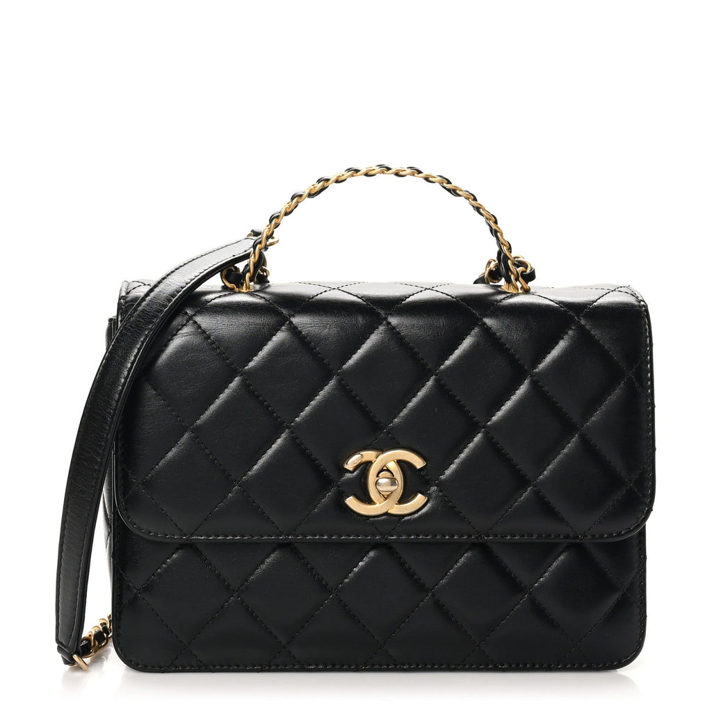 Shiny Calfskin Quilted Small Metal Chain Top Handle Flap Black