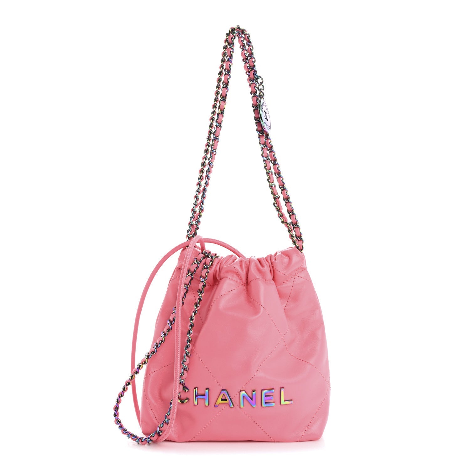 Shiny Calfskin Quilted Rainbow Metal Mini Chanel 22 Coral Pink