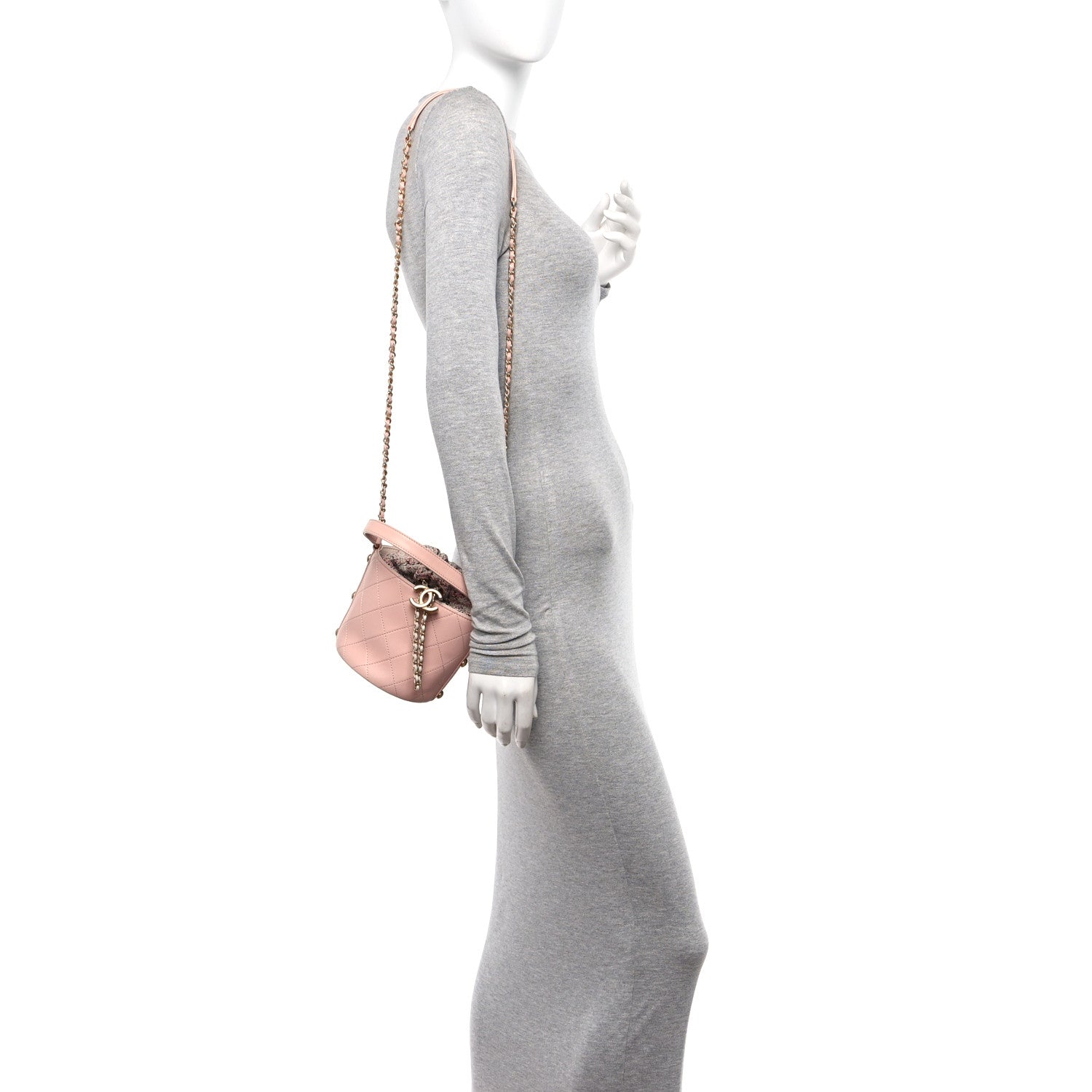 Calfskin Tweed Small CC Chain Bucket Drawstring Bag Light Pink