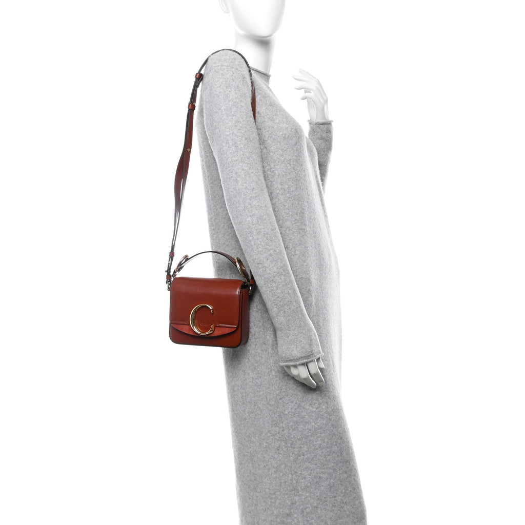 Shiny Calfskin Suede Mini C Double Carry Sepia Brown