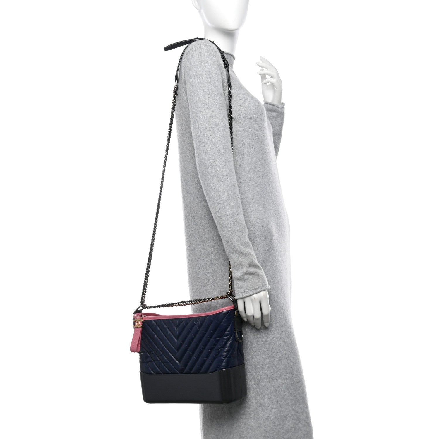 Aged Calfskin Chevron Quilted Medium Gabrielle Hobo Navy Black Pink