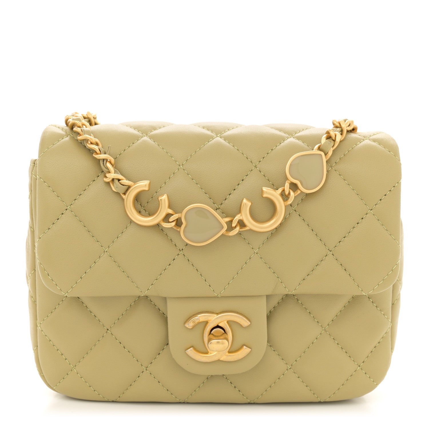 Lambskin Enamel Quilted Mini Coco Hearts Square Flap Light Green