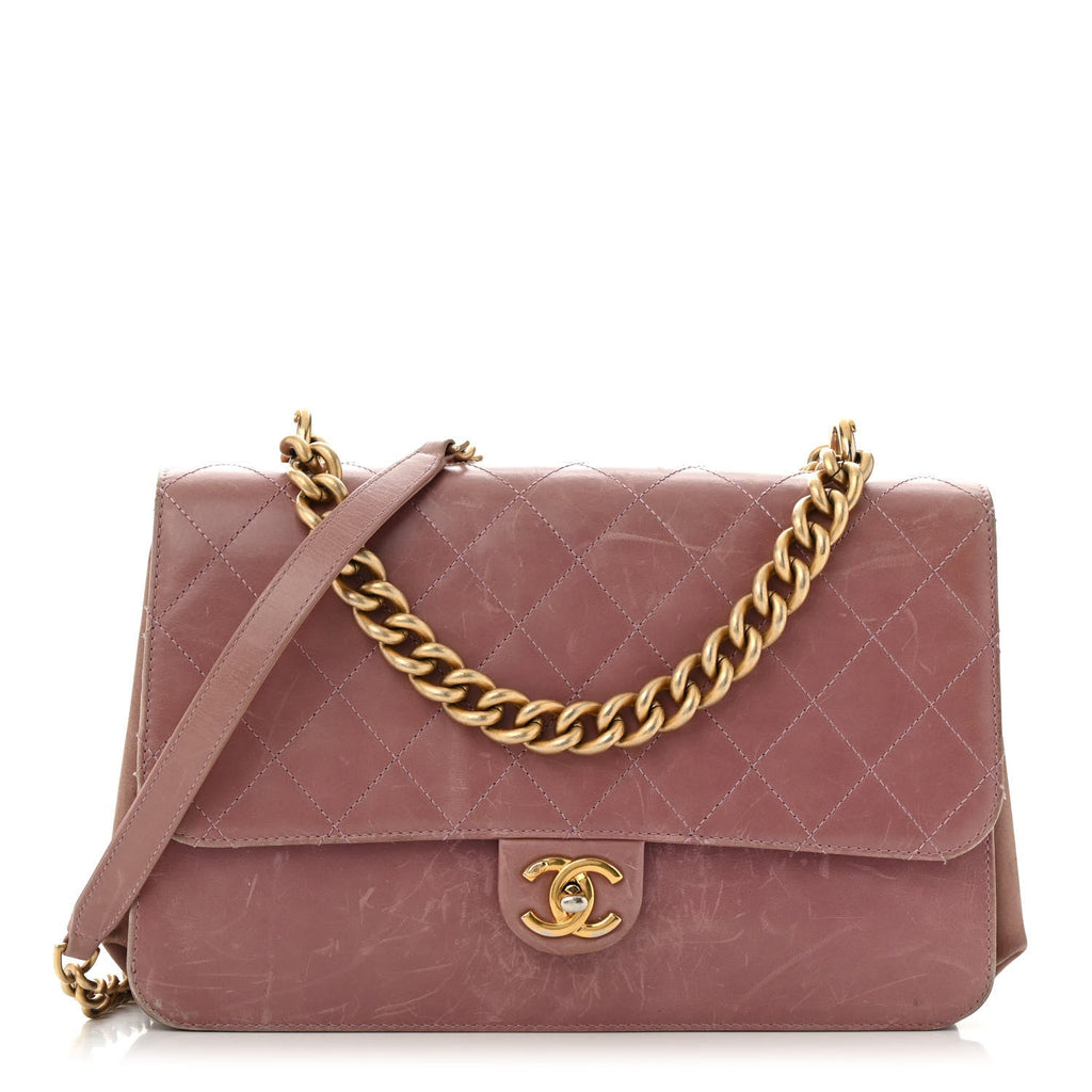 Calfskin Quilted Straight Lined Flap Purple
