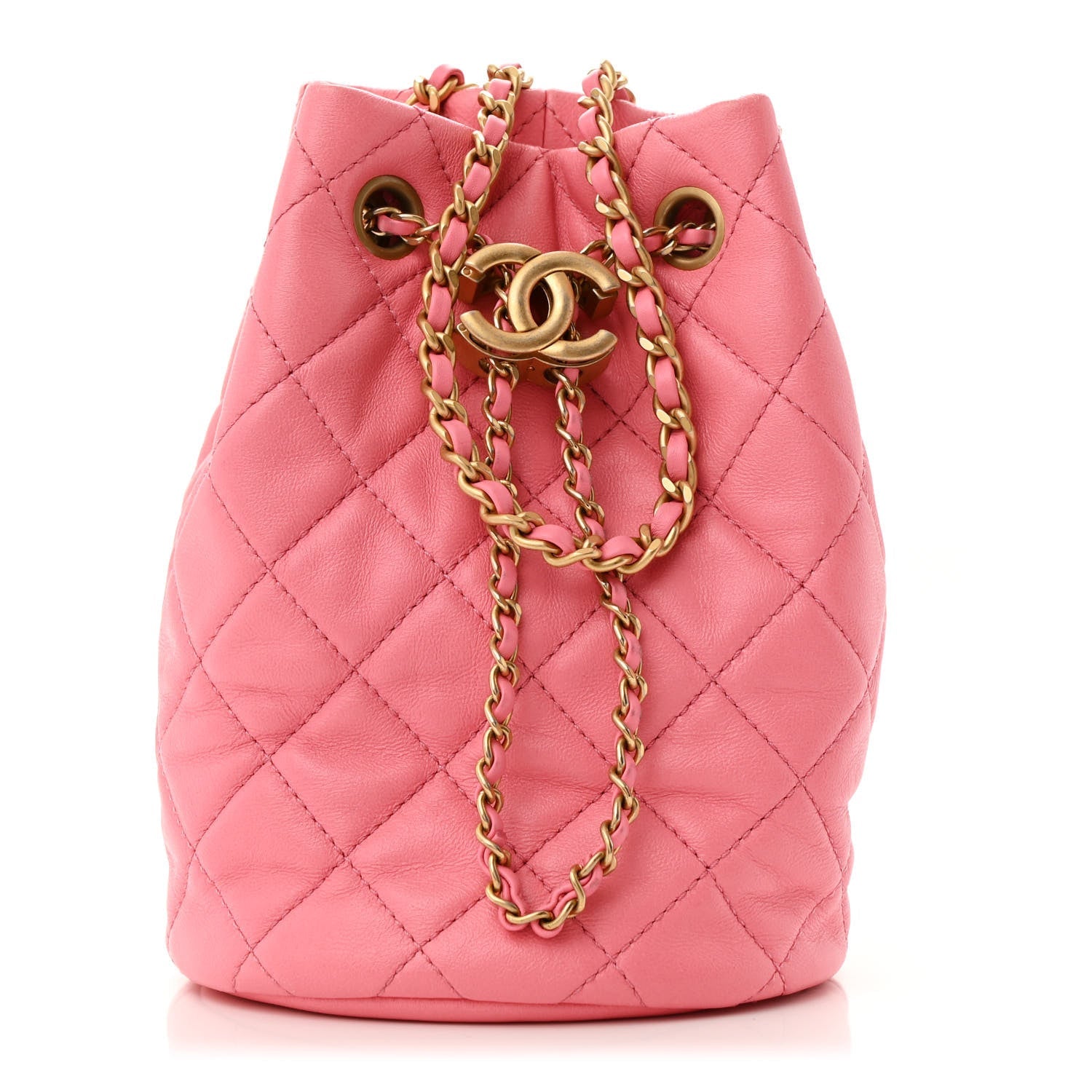 Lambskin Quilted Pearl Crush Drawstring Bag Pink