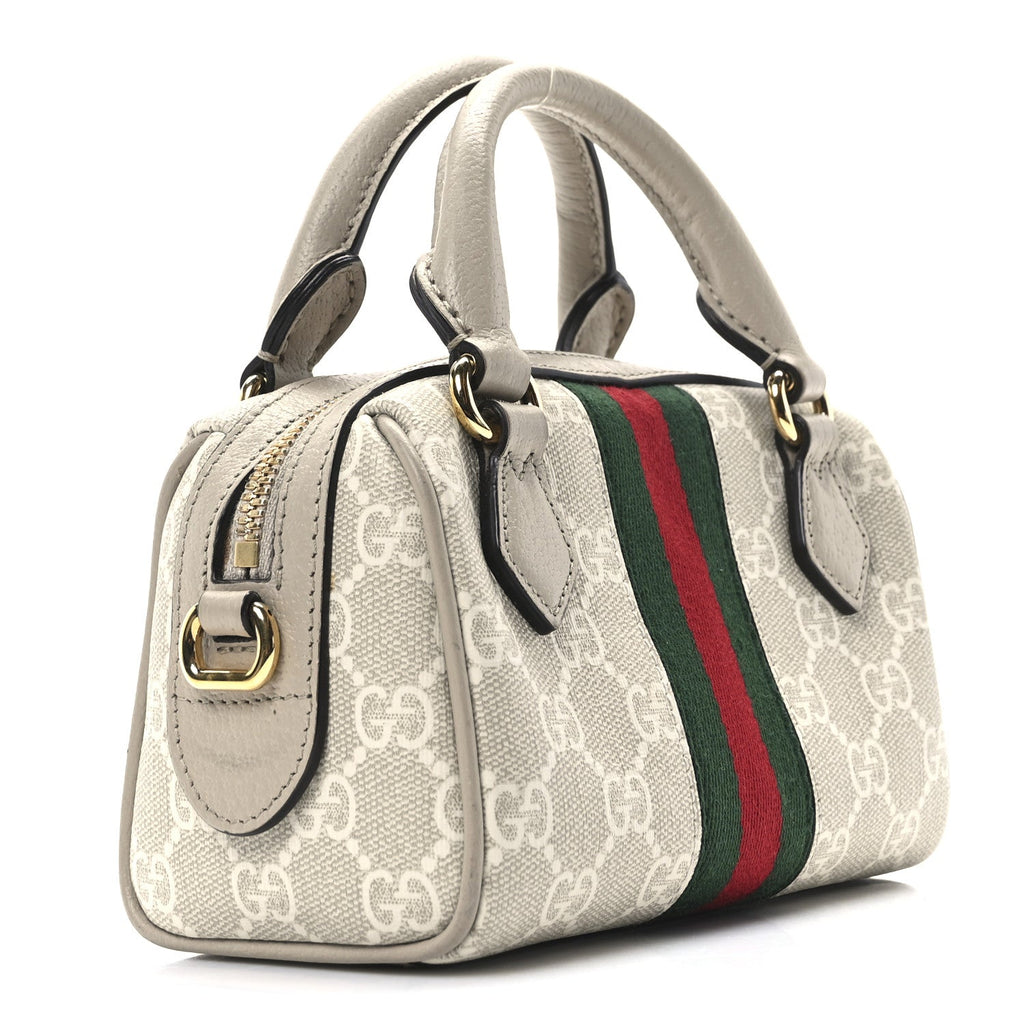 GG Supreme Monogram Textured Dollar Calfskin Web Super Mini Ophidia Top Handle Bowler Bag Beige Mystic White Oatmeal