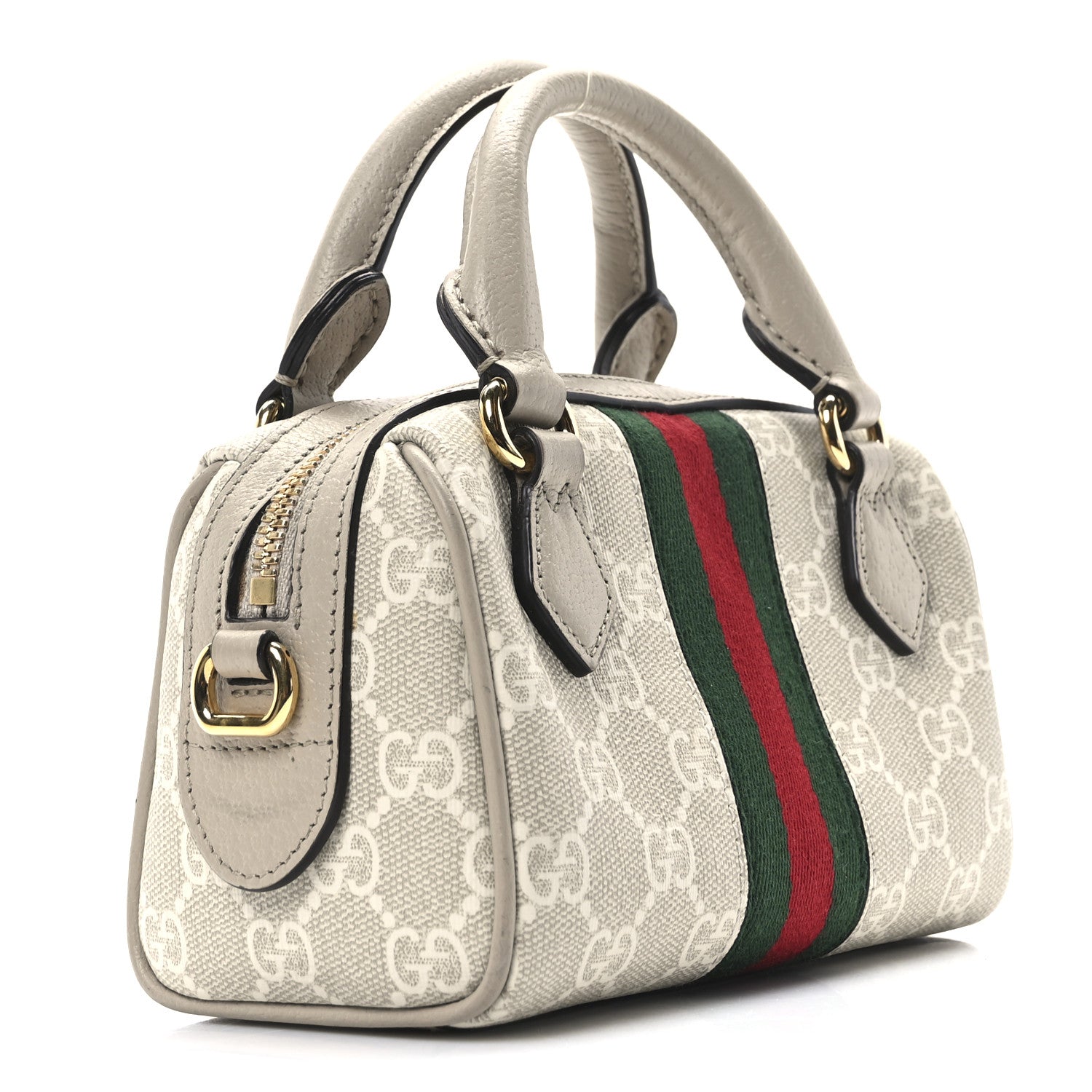 GG Supreme Monogram Textured Dollar Calfskin Web Super Mini Ophidia Top Handle Bowler Bag Beige Mystic White Oatmeal