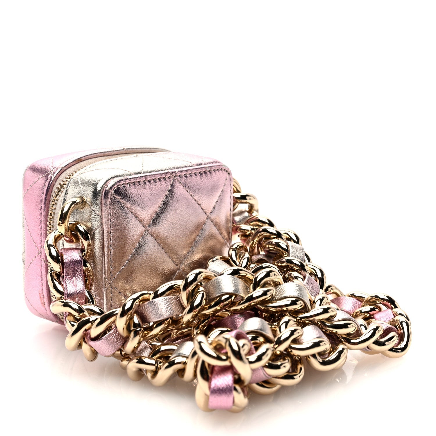 Gradient Metallic Lambskin Quilted Like A Wallet Clutch With Chain Gold Pink