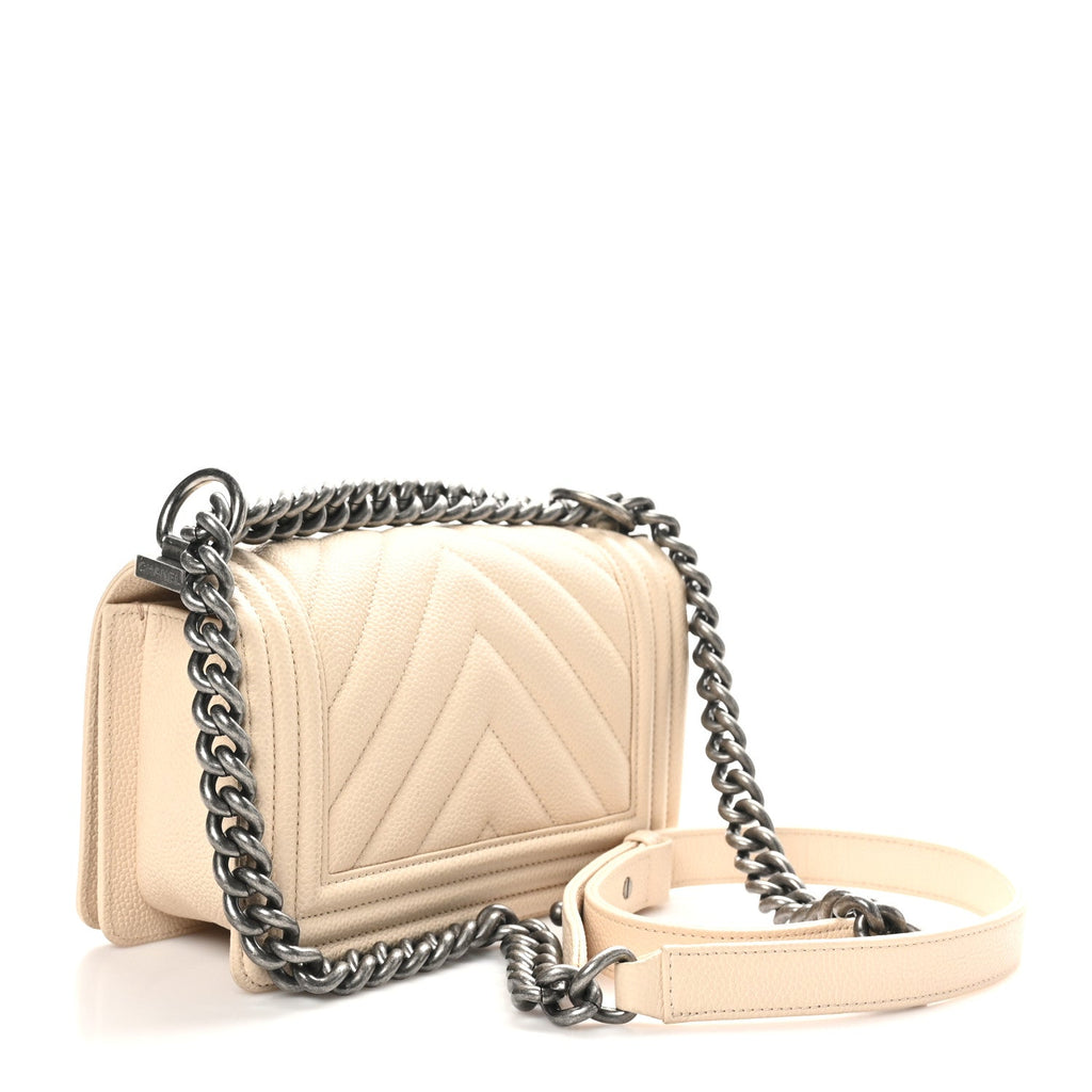 Caviar Chevron Quilted Small Boy Flap White