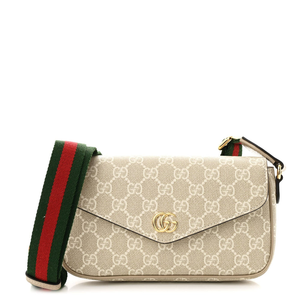 GG Supreme Monogram Textured Dollar Calfskin Web Mini Ophidia Envelope Shoulder Bag Beige Mystic White Oatmeal