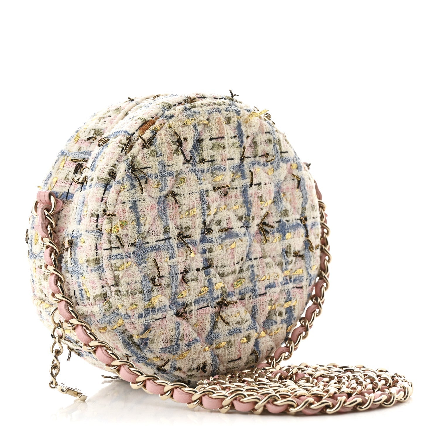 Tweed Quilted Round Clutch With Chain White Pink Multicolor