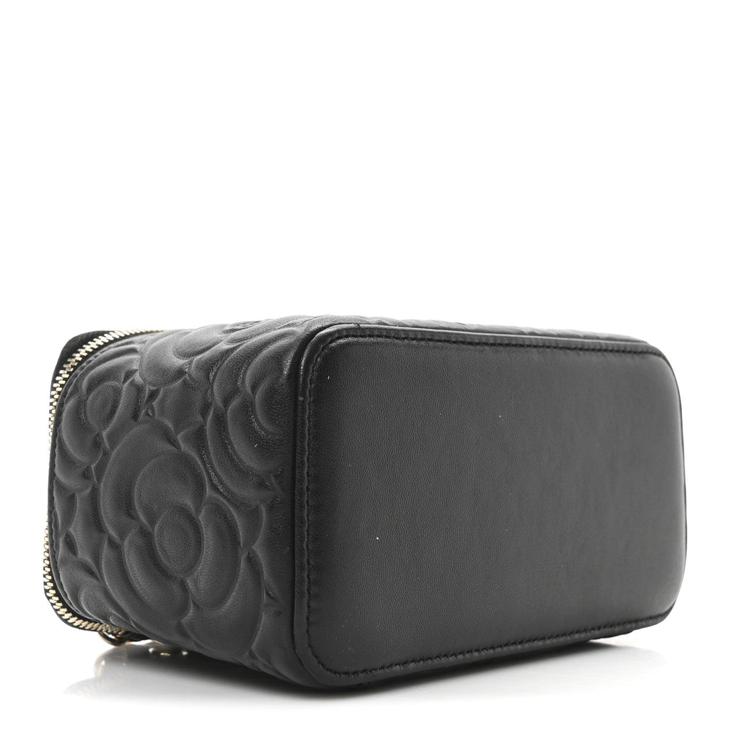 Lambskin Camellia Embossed Small Vanity Case With Chain Black
