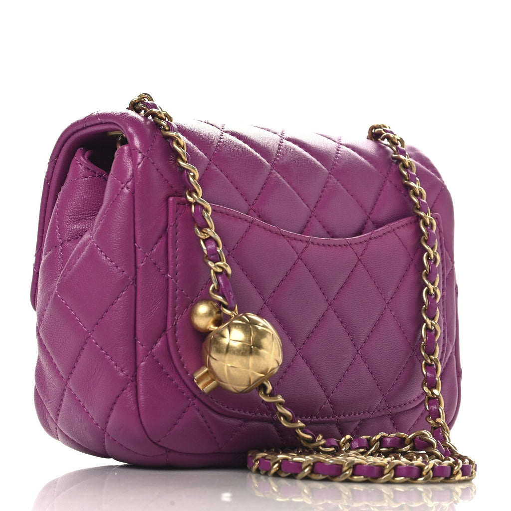 Lambskin Quilted Mini Pearl Crush Flap Purple