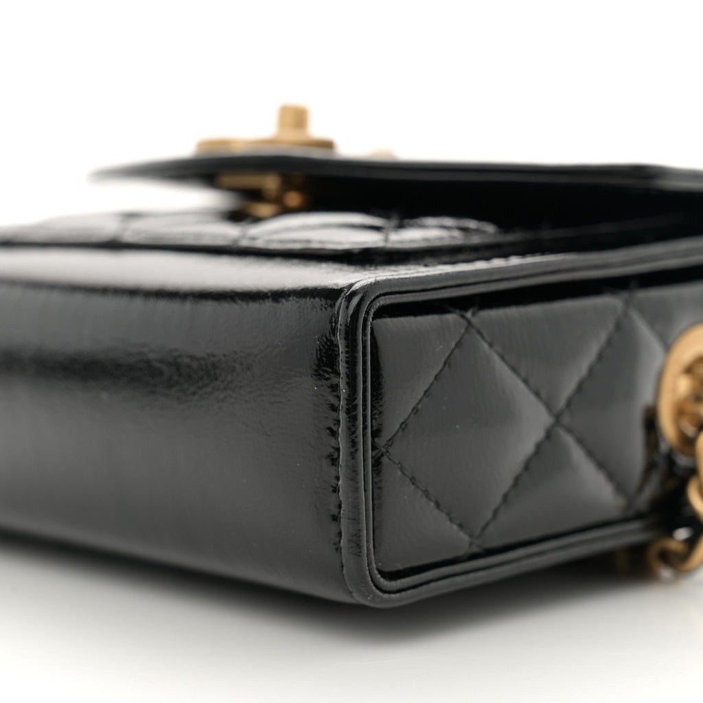 Shiny Lambskin Quilted Top Handle  Holder On Chain Black