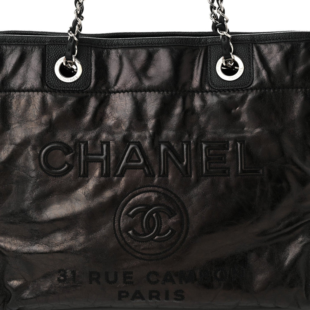 Glazed Calfskin Small Deauville Tote Black